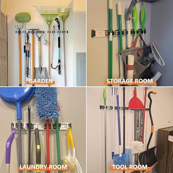 reliahom Broom Holder Wall Mount Mop Hanger Tools organizer 5Racks4Hooks,2P | Adjustable Mop Broom Wall Hanging Heavy Duty Tools Storage Rack Space-saving for Garage,Kitchen,Laundry Room,Garden, Black