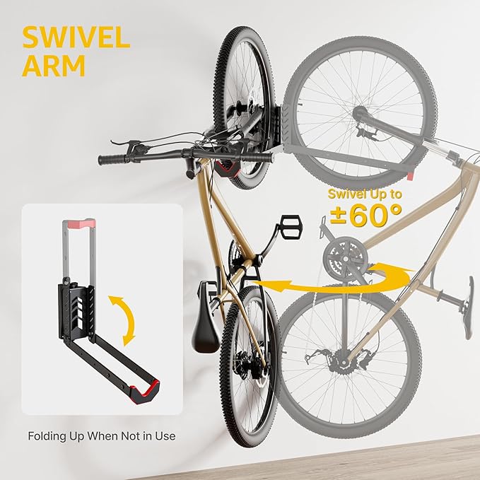 monTEK No-Lift Swivel Bike Wall Mount, Bike Hangers for Garage, 2 Pack | Space-saving bike storage rack pivots 120°; 4 settings fit 16-29 in wheels and tires up to 3.54 in wide; holds 77 lb each
