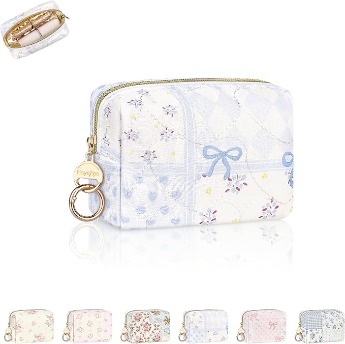 Quilted Mini Makeup Bag, Cute Small Cosmetic Bag for Purse, H-Blue | Floral Travel Makeup Pouch, Make Up Pouch for Women, Purse Organizer Pouches for Travel/ Gym/ Daily Use, Perfect Gifts