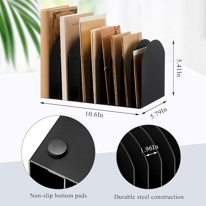Suzile Metal Desktop File Organizer, 10 Compartments, Vertical File Sorter, Black, 5.79" W x 10.63" L x 5.91" H, Office, Reception Areas, Workspace