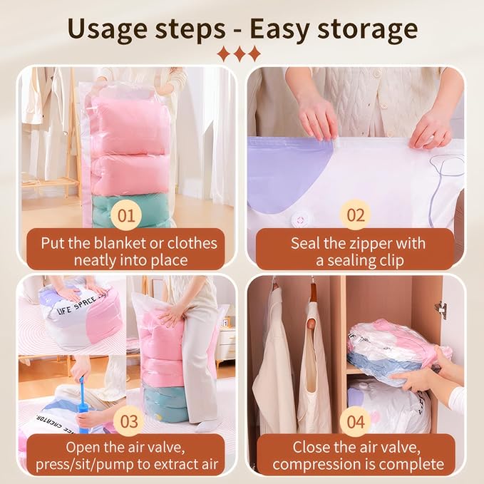 4 Pack Vacuum Storage Bags, Space Saver Bag Vacuum Seal Bags for Clothing Travel Moving Blankets Pillows Storage and Organization, Hand Pump Included