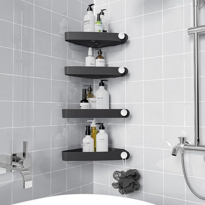 Sotfamily Plastic Shower Caddy Corner (for 90° Only), 4 Pack, Black | Adhesive Corner Shower Shelves for Smooth Wall Bathroom Organizers and Storage, Bathroom Decor
