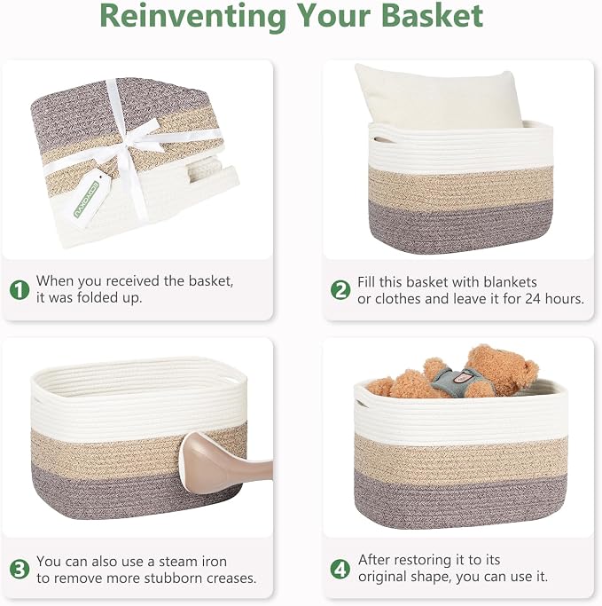 ECDYQXVU 15x10x9 Woven Cotton Rope Storage Basket, Leather Handles 3 Pack | Foldable Design, Sturdy PU Handles, Easy to Clean Organizer for Living Room, Closet, Shelves, Bedroom, Laundry, Clothes