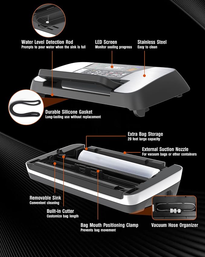 95kPa Food Vacuum Sealer Machine, Powerful 230W Vacuum Pack System with Double Heat Seal for Moist & Dry Food, 12-in-1 Automatic Sealer Includes Built-in Cutter, Hose for Jars & Wine, 1 Roll + 10 Bags