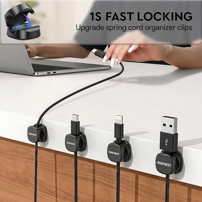 Cable Clips, 8 Pack Rotatable Cord Organizer with Adhesive | Strong Adhesive • 360° Rotatable • Secure Cable Management • For Desk, Car & Nightstand