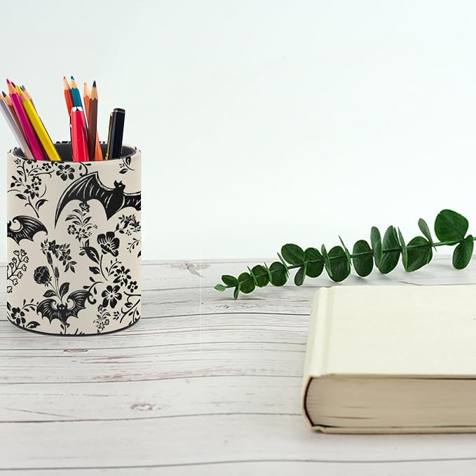 Gothic Bat Flowers Pen Holder Pencil Cup for Desk Organizer | Cute Makeup Brush Holder PU Multifunctional Office Suppliesfor Decor Home Classroom School