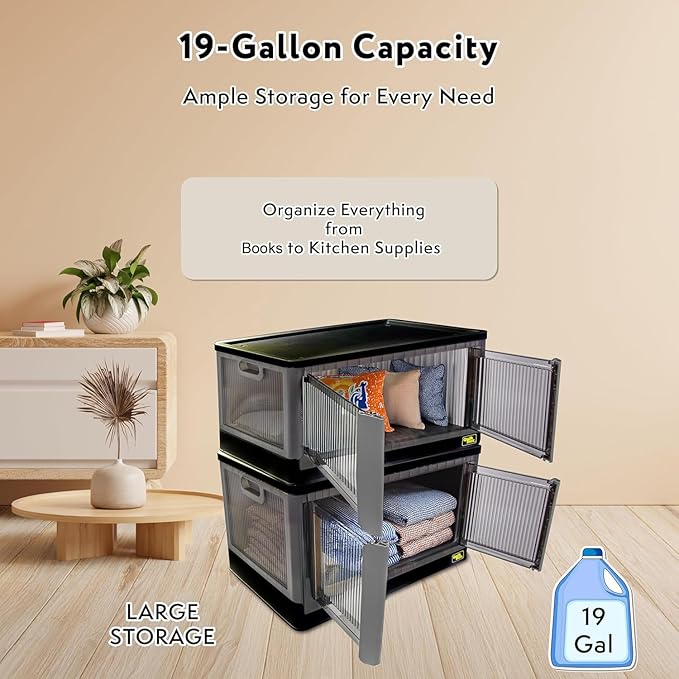FELICON 19 Gallon 3 Pack Stackable Storage Bins with Lids,Doors,Wheels,Collapsible Organizer Foldable Container,Wardrobe Closet for Bedroom Living Room Neat,Dorm,Organized Homes(Black)