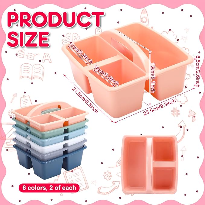 Potchen 12 Pack Caddy Organizer with Handle, Plastic Desk Storage Caddy Organizer with 3 Compartments Portable Caddies Holder for Table Desk Pencil Crayon Workshop Home Office Supplies