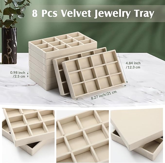 Highergo 8 Pcs Velvet Jewelry Trays Stackable Drawers Organizer Ring Earring Bracelet Necklace Storage Trays, 8.3x4.7x1''(15 Grids)