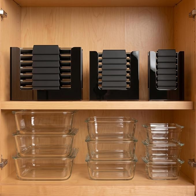 Acrylic Lid Organizer for Rubbermaid Brilliance Storage Containers,3-Piece | Acrylic Cabinet Lid Holder, Fits & Stores 24 Lids Total for 4.7-cup, 3.2-cup, and 1.3-cup Containers (Black)