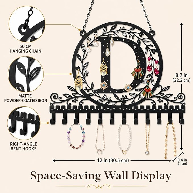 Personalized Wall Mounted Metal Initial Letter D Earring Holder Jewelry Organizer for Earrings and Necklaces Space Saving Wall Display with Hooks Jewelry Storage Bedroom Vanity Gift for Women