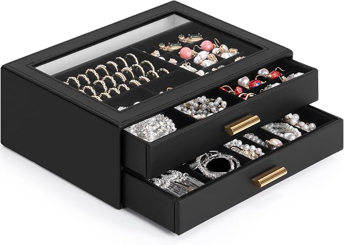 AKOZLIN Jewelry Box with Clear Lid Functional Leather Jewelry Storage Organizer Case 2 Drawers for Women Girls Necklace Ring Bracelet Earring