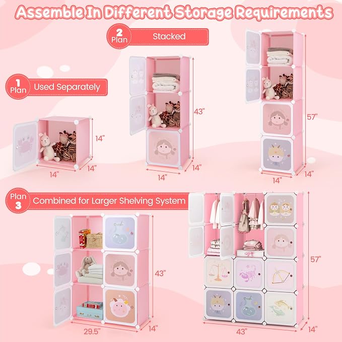 Costzon Kids Closet, Cartoon DIY Modular Dresser Storage Organizer with 12 Cubes & 2 Clothes Hanging Rack, Portable Armoire for Baby Toddlers, Kids Wardrobe for Bedroom Nursery