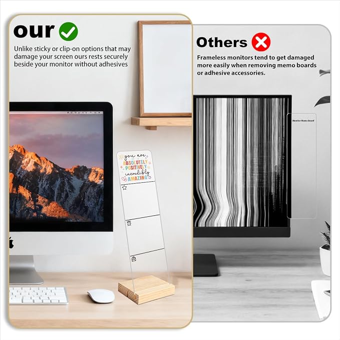 Sticky Note Holder, Monitor Memo Board, Acrylic Post It Note Holder with Wooden Base, Includes 100 Notes, Positive Affirmation Desk Organizer, Inspirational Quote “Positively Incredibly Amazing”