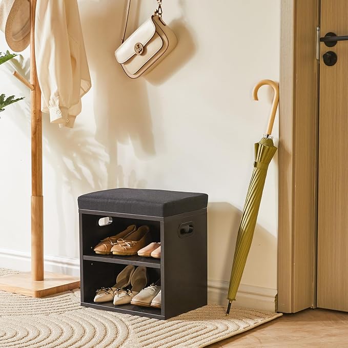 YMYNY Small Shoe Storage Bench with Cushion, Black, HBD028B | 2 Tier Entryway Bench with Storage, Small Shoe Rack Bench with Adjustable Shelf for Entryway 11 x 15.3 x 16.5 Inches