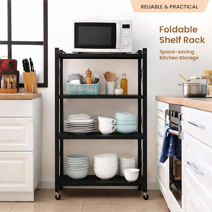 Our Modern Space 4-Tier Foldable Storage Shelf with Wheels | Metal Rack Collapsible Shelving Display | Rolling Cart for Books Kitchen Storage Shelves | Pantry & Closet Organizer | Office Room Decor