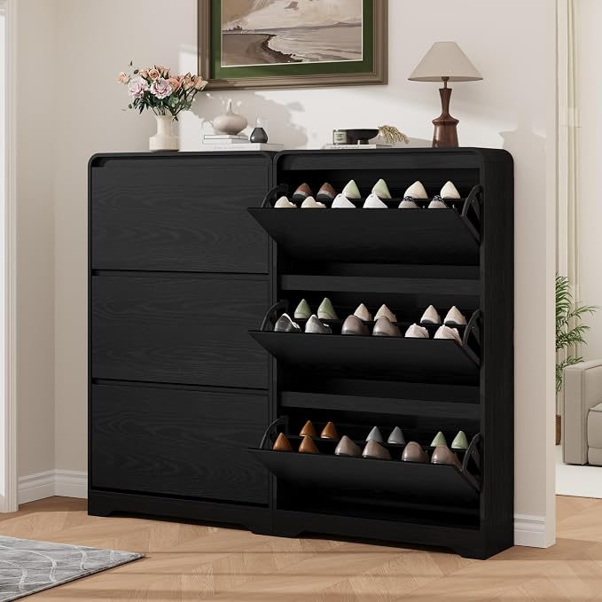 Garvee Hidden Shoe Cabinet, Black | 3 Flip Drawers, Freestanding, For Entryway, Hallway, Foyer, Modern Design, Small Space