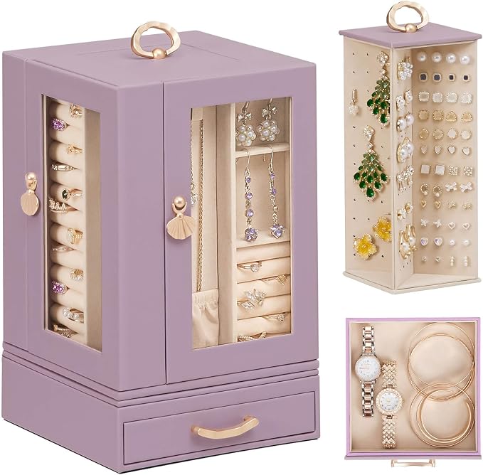 Enthralite Luxury Jewelry Box for Women: 360° Rotating with Clear Window | Compact Jewelry Storage with Drawer - Necklace Ring Organizer with Compartments - Elegant Earring Holder Display Great Gift
