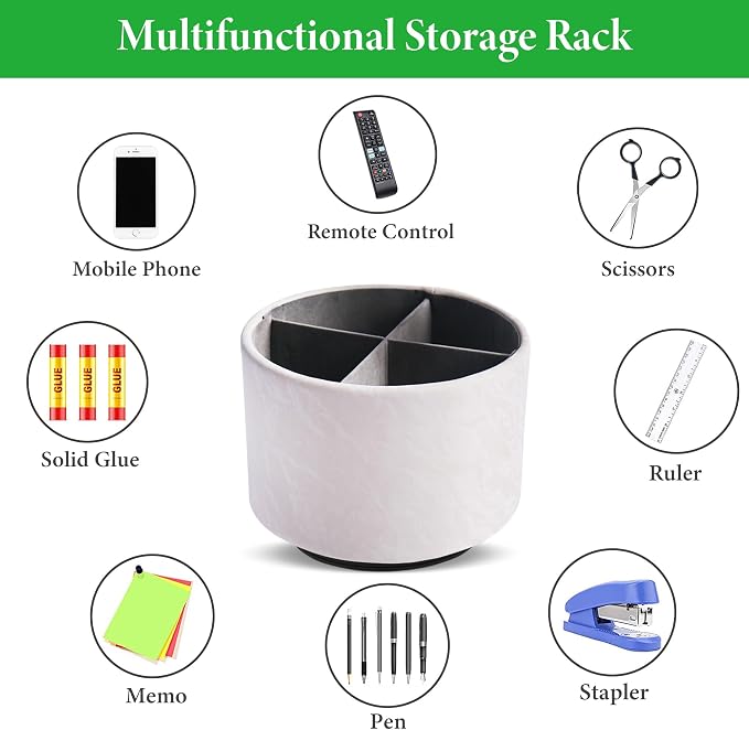 Round Leather Art Supply Organizer,Remote Control Holder,360 Degree Spinning,Multi-Functional Pencil Holder,4 Compartments Desktop Stationary Organizer(1-Hill White)