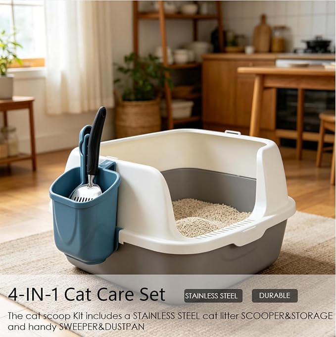 4-in-1 Cat Litter Scoop with Holder, Metal Litter Scoop Includes Portable Small Broom and Dustpan Set, Heavy Duty Stainless Steel Kitty Scooper, Quick Sift and Easy Clean