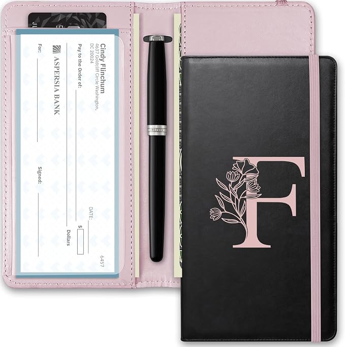 Letter Checkbook Cover, RFID Blocking Checkbook, Duplicate Checks with Pen Holder, Cards Slots, Multi-Functional Checkbook Holder for Personal and Business Checks