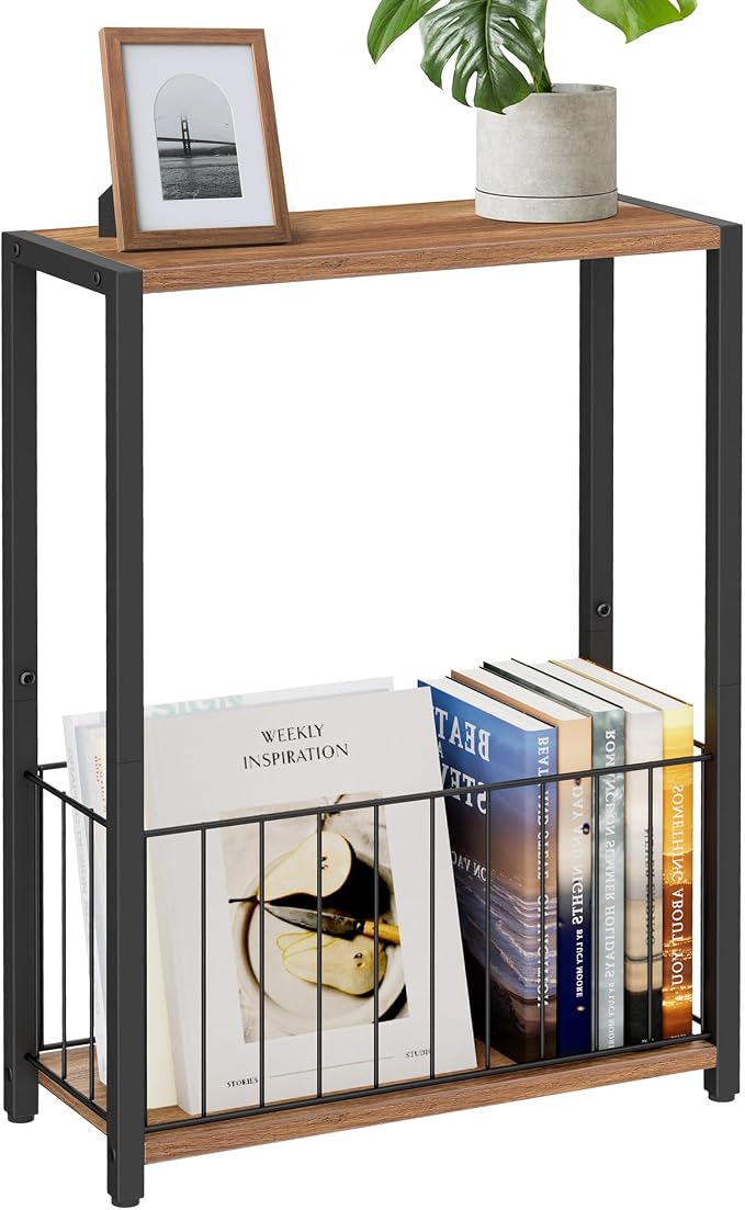 Homleke Narrow Side Table with Magazine Holder, Skinny End Table | Space-Saving Design, Small Spaces, Storage Shelf, Metal Frame, Easy Assembly, 7.1" D x 16.9" W x 23.6" H, Rustic Walnut