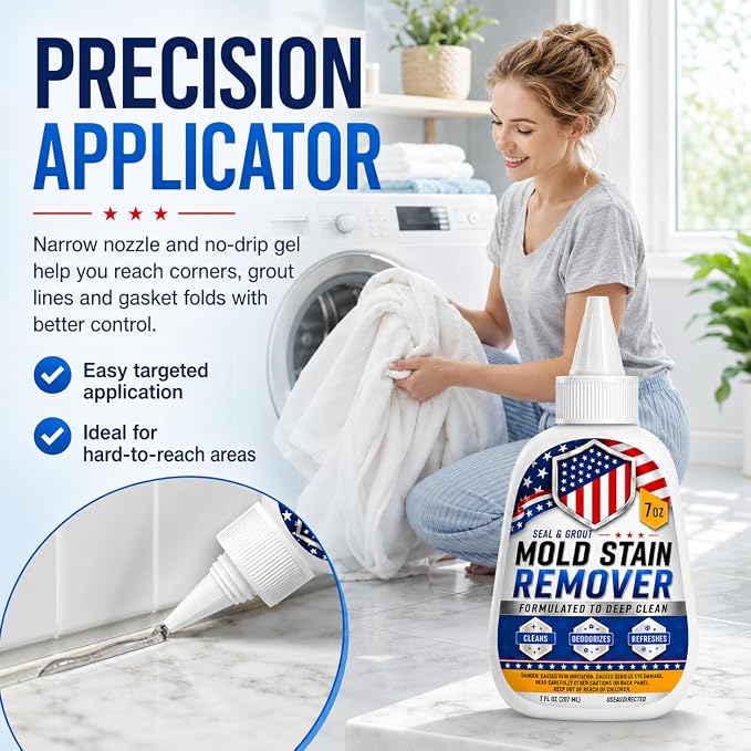 Mold Stain Cleaner Gel 7oz, Powerful Thick Stain Remover with Brush Applicator for Tile Lines, Sink Edges, Shower, Washing Machine Gasket, Rubber Loader Seal, Bathroom Grout, for Hard to Reach Stain