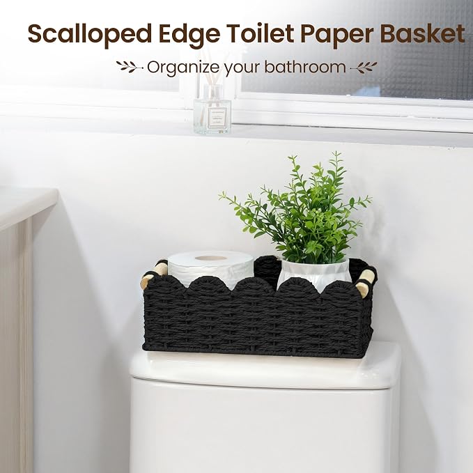 iEGrow Paper Rope Small Storage Baskets for Organizing, Set of 2 Scalloped Edge Wicker Basket with Wooden Handles Toilet Paper Basket for Over Toilet Storage Shelf, Home Decor, Living Room (Black)