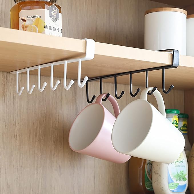 1 Pack Hanging Hooks Rack Under Cupboard Cabinet Cup Holder Kitchen Utensils Holder 6 Hooks Drilling Free Coffee Cups Holder Kitchen Utensil Storage Organizer Hook Rack (White)