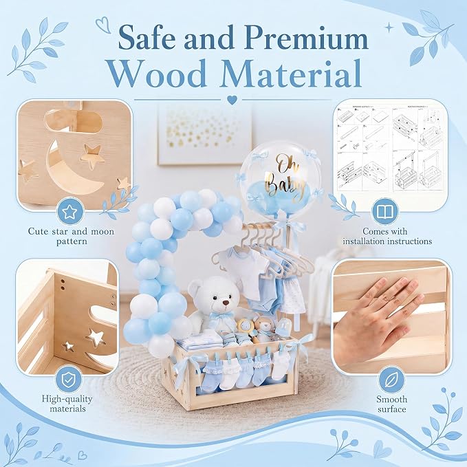 Wooden Baby Shower Crate Closet with Hanger Rack, Blue Bow Baby Gifts Basket with Balloon Accessories, DIY Babies Welcome Box for Pregnancy New Parent