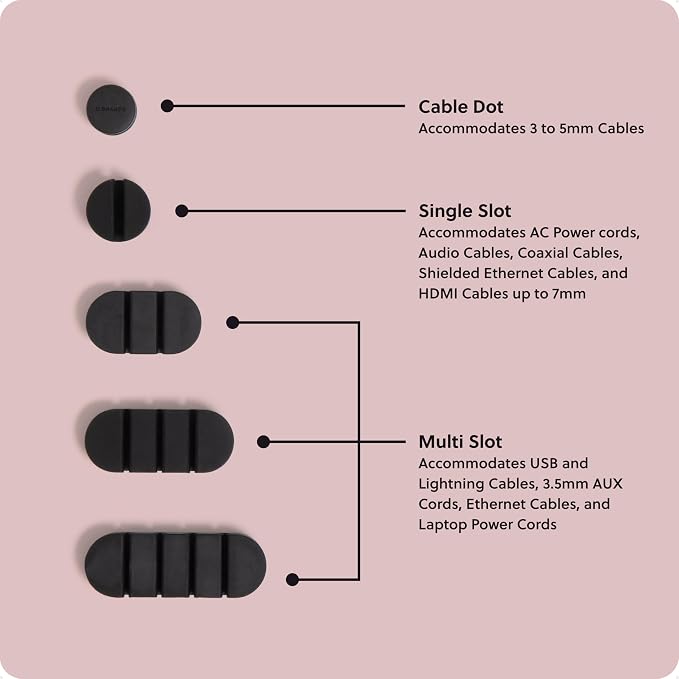 U Brands Black Silicone Cable Organizer Clips 15 Pack, Cord Management Clips in Assorted Colors, Adhesive Cable Holders for Desk, Office, and Travel Organization