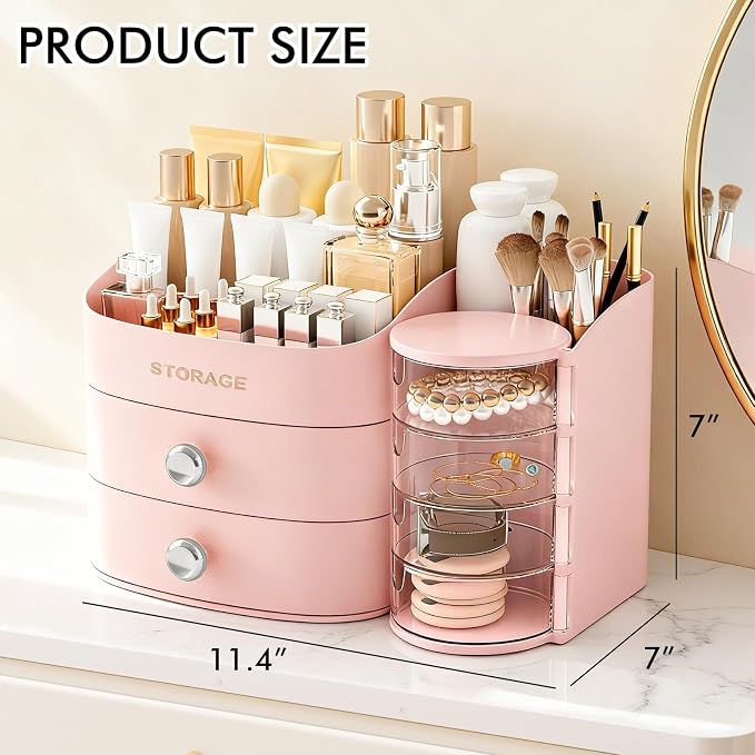 Makeup Organizer Countertop with Drawers, Make up Organizers for Vanity, Skincare Jewelry Earring Organizers, Cosmetic Display Cases Makeup Storage for Bedroom & Bathroom, Ideal Gifts for Women(Pink)