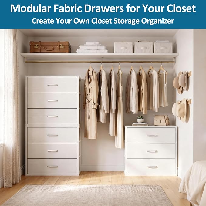 3 Fabric Drawer for Closet Storage: White Stackable Dresser Short Drawers for Clothes Organizer, Low Modular Chest Cabinet for Inside Closet Bedroom Nursery & Small Spaces, 4 Packs