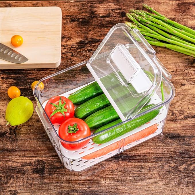 Slideep Food Storage Containers Fridge Produce Saver, Stackable Refrigerator Organizer Keeper Foldable lid with Removable Drain Tray for Produce, Fruits, Vegetables 2800 ml - 2 Pack