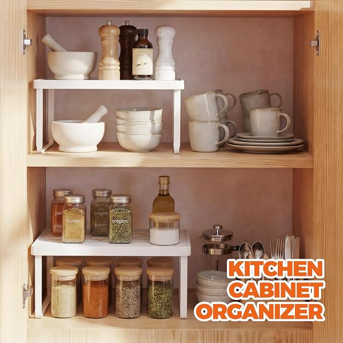 Cabinet Organizer Shelf, Countertop Risers, Kitchen Storage Rack | 2 Pack Foldable White Expandable Holders for Pantry & Bathroom, No-Tool Assembly Space-Saving Cupboard & Desk Organization