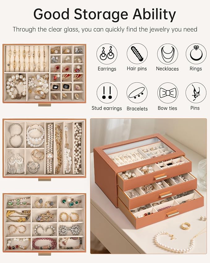 AKOZLIN Jewelry Box with Clear Lid Functional Leather Jewelry Storage Organizer Case 3 Drawers for Women Girls Necklace Ring Bracelet Earring
