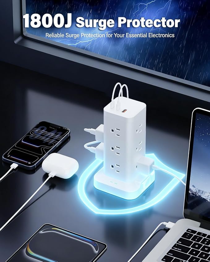 Power Strip Tower with Surge Protector 1800J, Fast Charging Tower PD20W USB-C Ports with 12 AC Outlets, Extension Cord for Home Office Dorm Room, 9.8ft, White