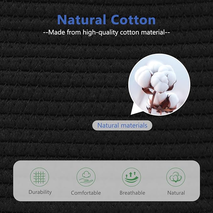 ECDYQXVU 15x10x9 Black Woven Cotton Rope Storage Basket Handles 1 Pack | Foldable Design, Leather Handles, Easy to Clean Organizer for Living Room, Closet, Shelves, Bedroom, Laundry, Clothes