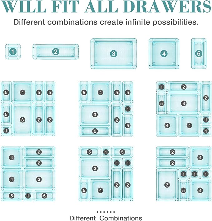 StorMiracle 16 PCS Drawer Organizer Set, 5 Varied Size Bathroom and kitchen Drawer cabinet organizer Trays, Clear Storage Bins for Makeup, Jewelry, Utensils and Gadgets