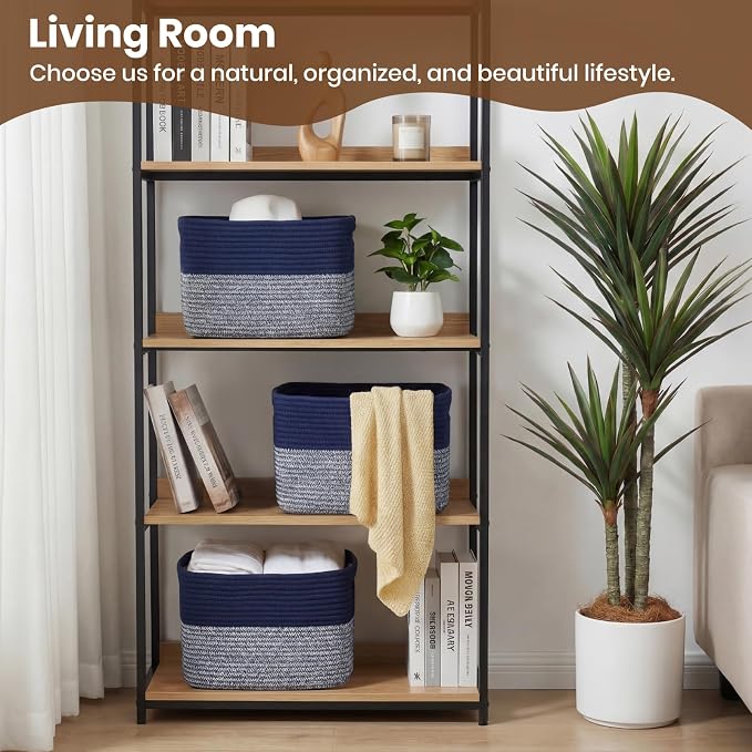 Storage Baskets for Organizing, 14 x 10 x 9” Closet Shelf Woven Baskets, Square Bins with Handles, Cotton Rope Basket for Clothes, Office, Room, Grey+Blue 3 Pack