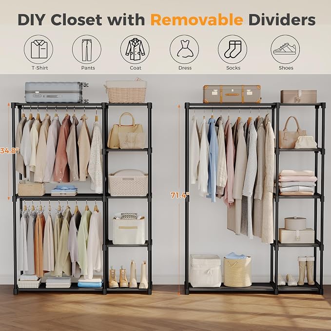 OLIXIS Heavy Duty Clothes Rack, Portable Wardrobe Closet, 49" L, Black | Freestanding Closet Organizer with Hanging Rods, Clothes Rack with Shelves, for Cloakroom, Bedroom