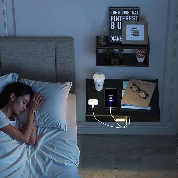 TEAMIX Floating Nightstand with Charging Station, Wall Mounted Folding Bedside Shelf Combo Nightstand with Led Light USB Type C Ports, Space Saving Bed Side Tray Storage for Bedroom, Living Room, Dorm