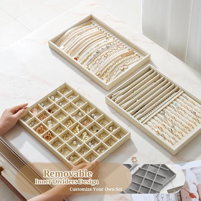 Large Jewelry Organizer for Drawer Insert Velvet Stackable Jewelry Trays for Earring Necklace Bracelet Ring Display (Beige, 40 Grids)