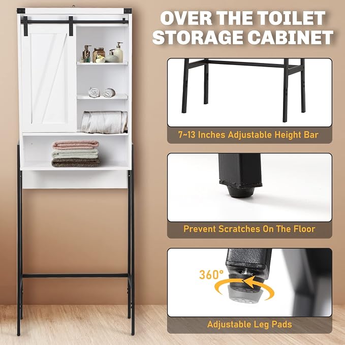 Over Toilet Storage Cabinet with Barn Door & Adjustable Shelves | 24 Inch Wide Bathroom Organizer, Space-Saving, Sturdy Wood, Anti-Tipping, Easy Assembly, for Restroom, Laundry, Small Spaces