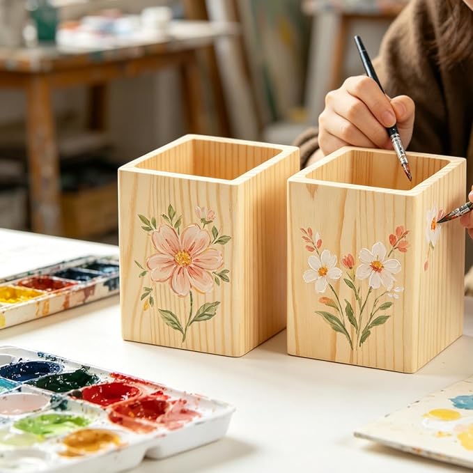 2 Pack Square Unfinished Wooden Pencil Holder 3"x3"x4" Wood Pen Cup for DIY Crafts Makeup Brushes Home Office Desk Organizer Storage