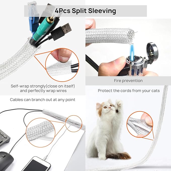 Cable Management Kit - 4 Cable Sleeve, 28 Self Adhesive Cable Clips, 29 Cord Holders, 10+2 Roll Cable Organizer Straps and 100 Fastening Cable Ties for TV Computer Under Desk (White)