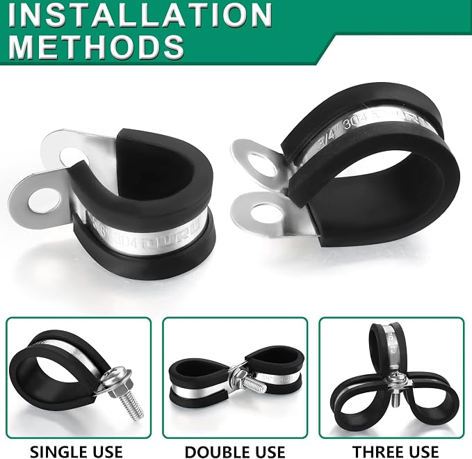 OURU 100PCS Cable Clamps 3/16 Inch 304 Stainless Steel Cable Clamps Rubber Coated Cushioned Insulated Cable Clamp,Automotive Wire Clamps,Pipe Clamps,Metal Clamp for Tube,Wire Cord Installation(5mm)