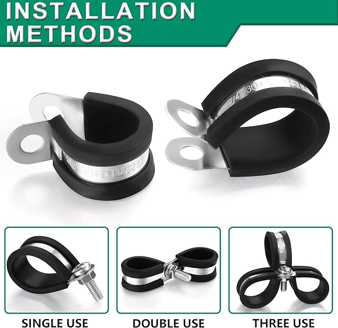 OURU 100PCS Cable Clamps 1/8 Inch 304 Stainless Steel Cable Clamps Rubber Coated Cushioned Insulated Cable Clamp,Automotive Wire Clamps,Pipe Clamps,Metal Clamp for Tube,Wire Cord Installation(3mm)