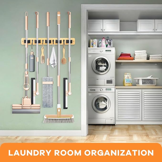 IMILLET Broom Holder Wall Mount, Bamboo Broom Hanger with 5 Racks 4 Hooks, Mop and Broom Holder Wall Mount Self Adhesive, Home Organization and Storage for Laundry Room, Closet, Utility Room
