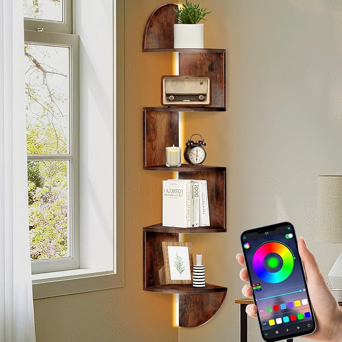 Corner Shelf Wall Mounted Corner Floating Shelves with Light | 5 Tier Corner Bookshelf Stand for Bedroom, Bathroom, Living Room, Kitchen, Office, Home Decor(Rustic Brown)